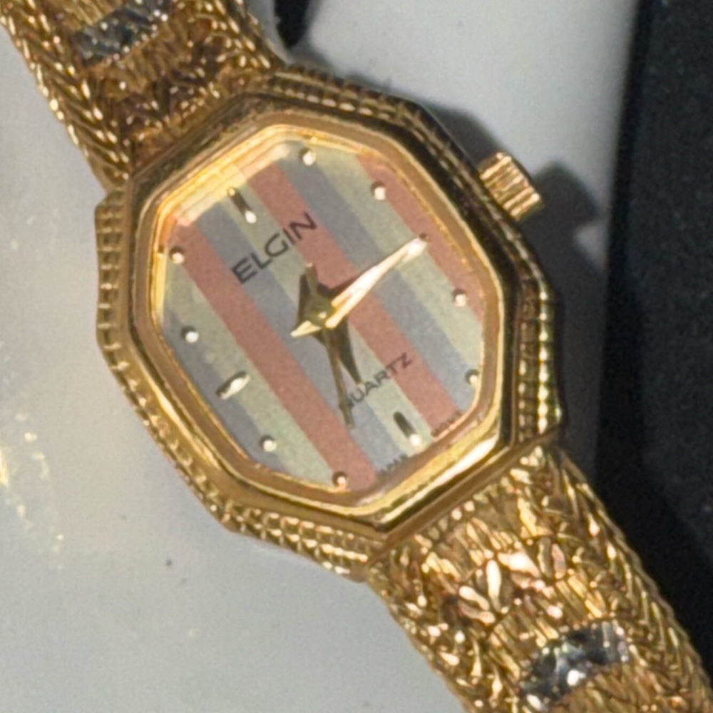 Gold Vintage Elgin Octagonal Watch with Textured Band